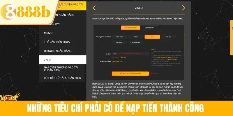 Những tiêu chí phải có để nạp tiền thành công